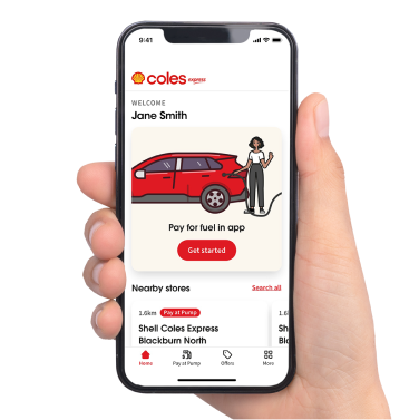 Hand holding Shell Coles Express Mobile App